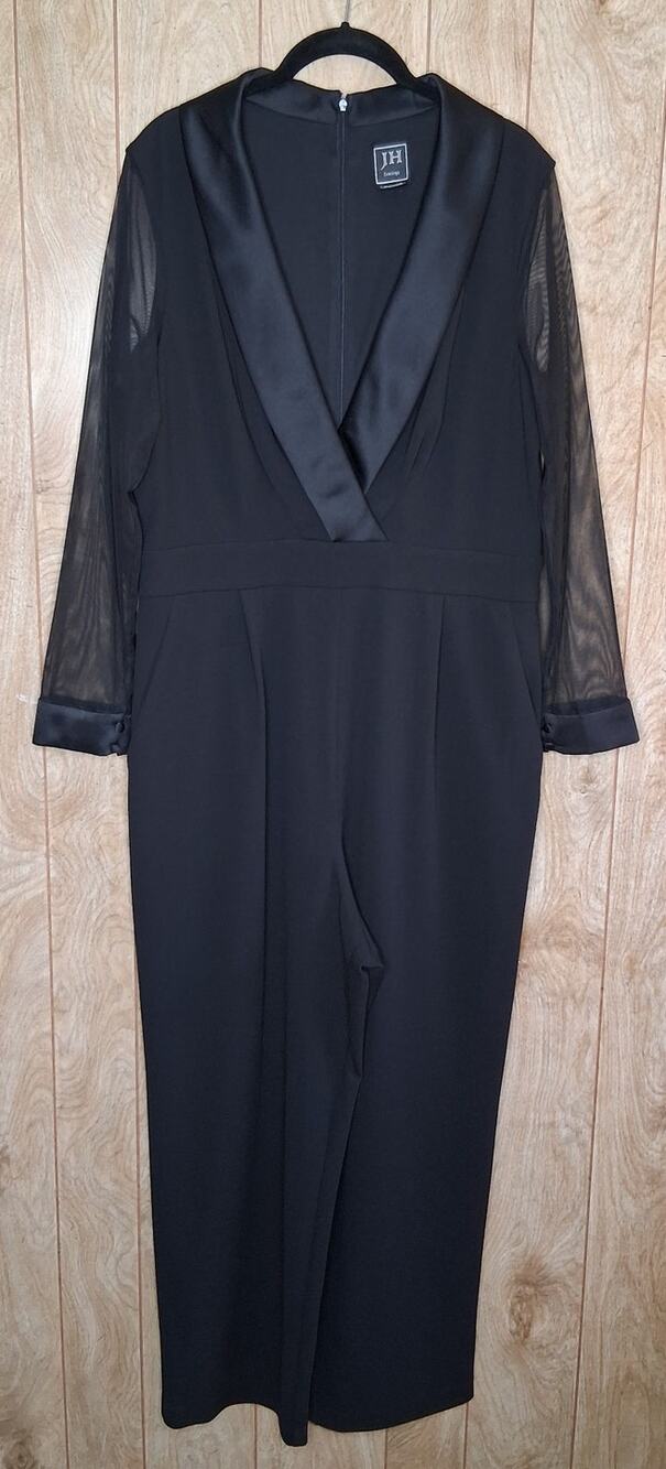 JH Evenings Tuxedo Jumpsuit Black Size 16 Pockets See Through Sleeve Satin Lapel